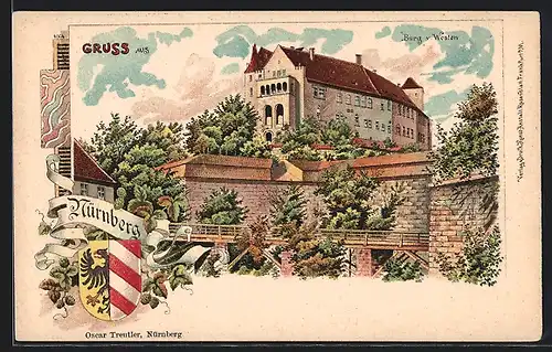 Lithographie Nürnberg, Blick auf die Burg v. Westen