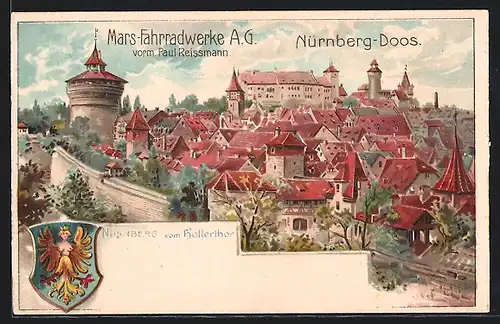 Lithographie Nürnberg-Doos, Ortsansicht vom Hallerthor aus gesehen