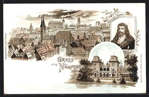 Lithographie Nürnberg, Ortsansicht mit Albrecht Dürer