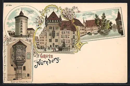 Lithographie Nürnberg, Naussauer Haus, Erkner am Sebalder Pfarrhof, Frauenthor Turm