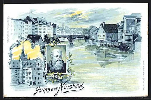 Lithographie Nürnberg, Ortsansicht, Portrait Hans Sachs