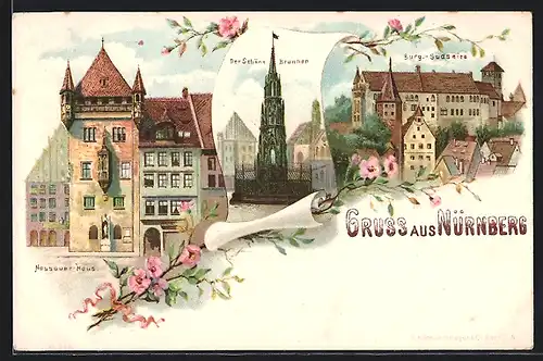 Lithographie Nürnberg, Nassauer Haus, der schöne Brunnen, Burg-Südseite