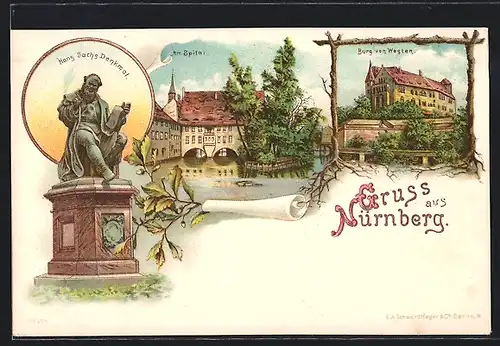 Lithographie Nürnberg, Spital, Burg, Hans Sachs Denkmal