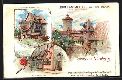 Lithographie Nürnberg, Dürerhaus, Spillerthor, Bratwurstglöcklein