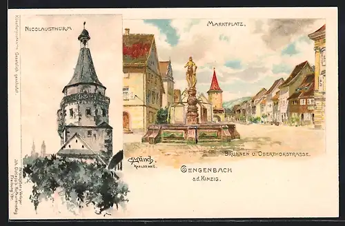 Künstler-AK Carl Münch: Gengenbach a. d. Kinzig, Marktplatz mit Brunnen u. Oberthorstrasse, Nicolausthurm