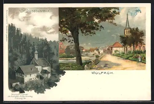 Künstler-AK Carl Münch: Wolfach, Ortseingang mit Kirche und St. Jakobskapelle