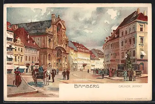 Künstler-AK Karl Mutter: Bamberg, Grüner Markt mit Brunnen und Pferdewagen