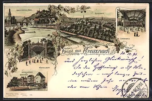 Lithographie Kreuznach, Brückenhäuser, Wandelbahn, Elisabethquelle, Gesamtansicht