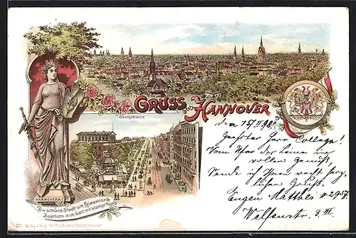 Lithographie Hannover, Gasthaus, Hannovera, Georgstrasse, Strassenbahn, Wappen