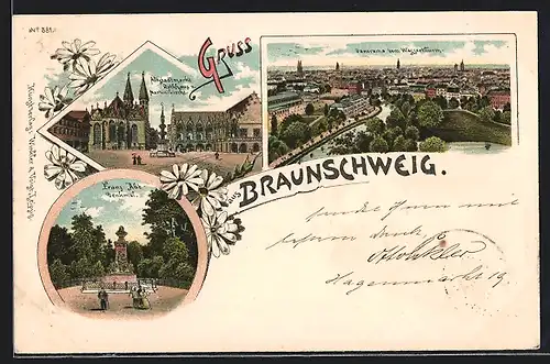 Lithographie Braunschweig, Panorama, Altstadtmarkt mit Rathaus und Martinikirche, Franz Abt-Denkmal