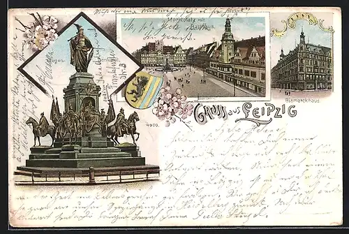 Lithographie Leipzig, Marktplatz mit Rathaus, Sieges-Denkmal und Bismarckhaus