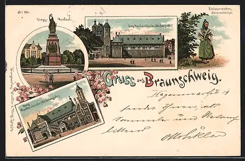 Lithographie Braunschweig, Sieges-Denkmal, Burg Dankwarderode (Vorder u. Rückansicht)