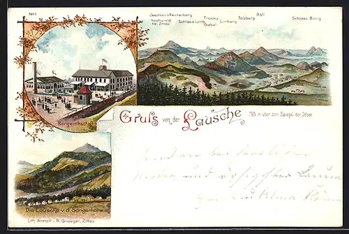 Lithographie Lausche, Bergrestaurant und Gipfelpanorama