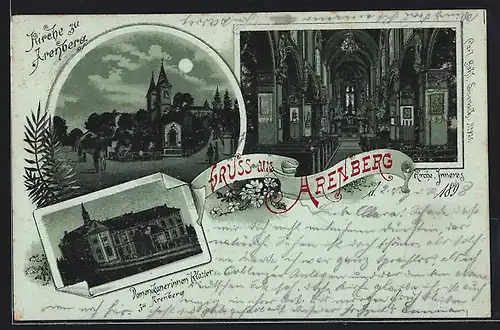 Lithographie Arenberg, Domonikanerinnen Kloster in der Nacht, Inneres der Kirche