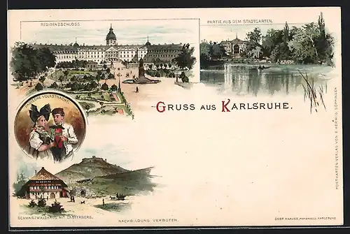 Lithographie Karlsruhe, Residenzschloss, Stadtgarten, Schwarzwaldhaus