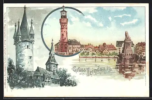 Lithographie Lindau / Bodensee, Hafeneinfahrt mit Leuchtturm, Schloss