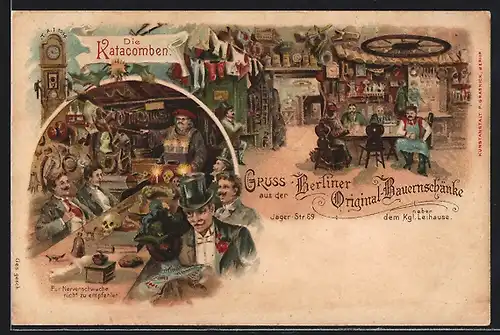 Lithographie Berlin, Kaufmann`s Original-Bauernschänke in der Jägerstr, Katakomben für Nervenschwache nicht zu empfehlen