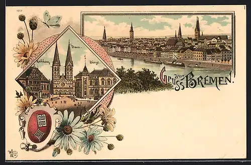 Lithographie Bremen, Ansicht mit Rathaus, Dom und Börse, Partie an der Weser