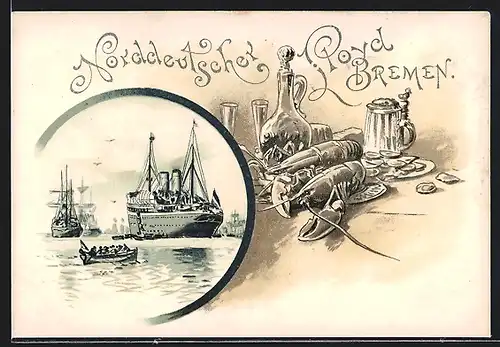Lithographie Bremen, Dampfer und Segelschiff, Hummer, Austern und Wein