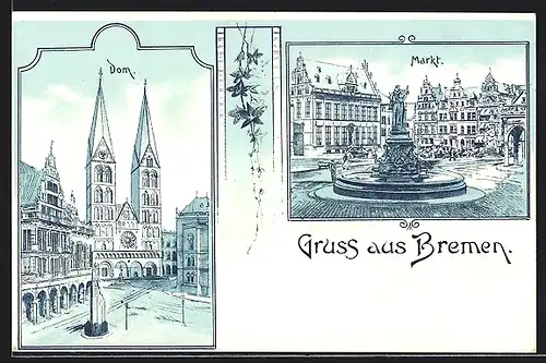 Lithographie Bremen, Denkmal am Markt, Dom