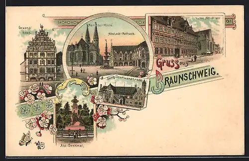 Lithographie Braunschweig, Gewandhaus, Martini-Kirche, Alstadt-Rathaus, Burg-Dankwarderode, Wolters Hofbrauhaus
