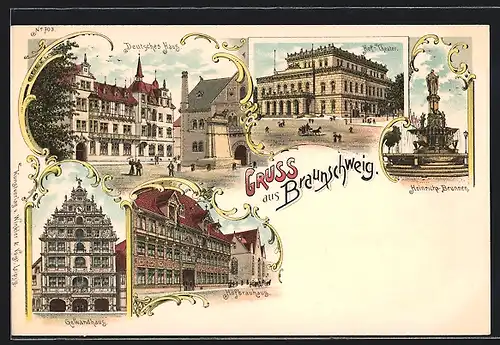 Lithographie Braunschweig, Gasthaus Deutsches Haus, Gewandhaus, Hoftheater, Heinrichbrunnen