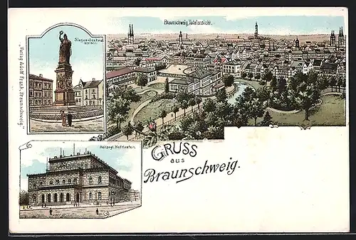 Lithographie Braunschweig, Siecjes-Denkmal, Herzogl. Hoftheater, Totalansicht