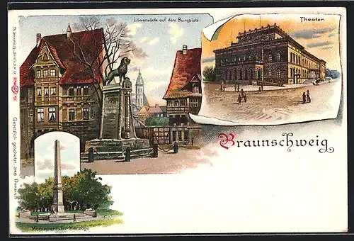 Lithographie Braunschweig, Löwensäule auf dem Burgplatz, Theater, Monument der Herzöge