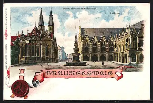 Lithographie Braunschweig, Altstadtmarkt mit Brunnen