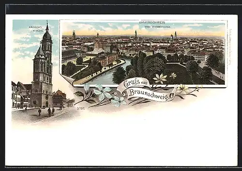 Lithographie Braunschweig, Andreas-Kirche, Totalansicht vom Wasserturm