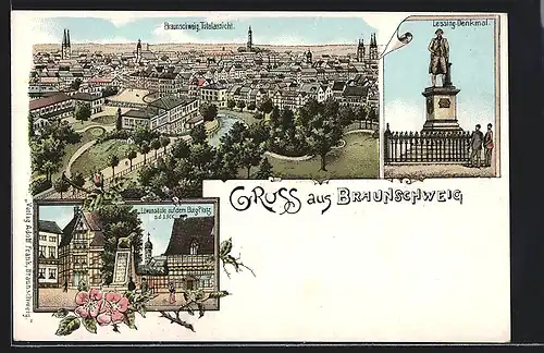 Lithographie Braunschweig, Lessing-Denkmal, Löwensäule auf dem Burg-Platz, Totalansicht