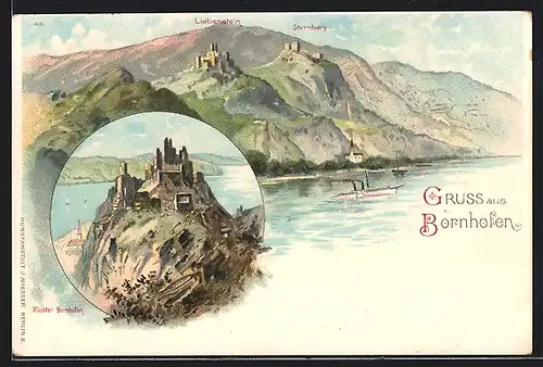 Lithographie Bornhofen, Ansicht vom Kloster
