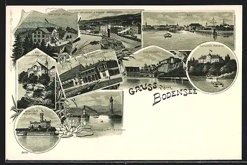 Lithographie Konstanz, Pfänder Hôtel, Bahnhof & Hafen Rorschach, Schloss Mainau