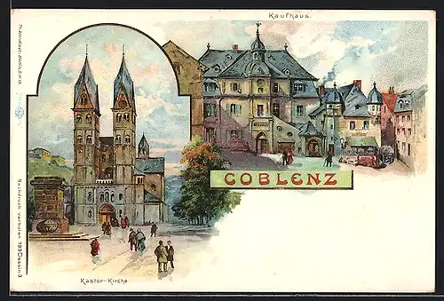 Lithographie Coblenz, Kastor-Kirche, Ansicht vom Kaufhaus