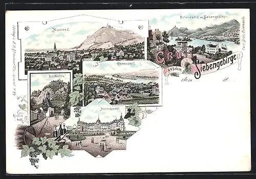 Lithographie Bad Honnef, Blick auf Rhein und Siebengebirge, Drachenfels, Rhöndorf und Hohenhonnef
