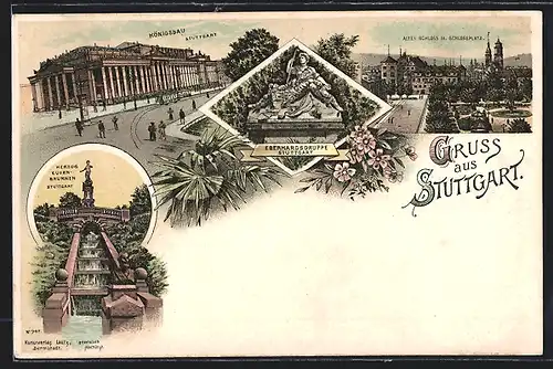Lithographie Stuttgart, Königsbau, Altes Schloss m. Schlossplatz, Eberhardsgruppe, Herzog Eugen-Brunnen