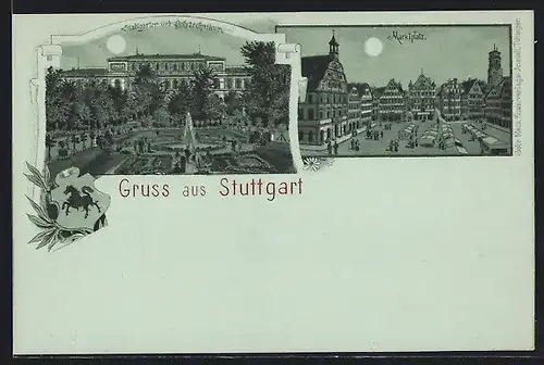 Mondschein-Lithographie Stuttgart, Stadtgarten und Polytechnikum, Marktplatz