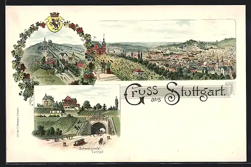 Lithographie Stuttgart, Teilansicht, Hasenberg-Steige, Schwabstrasse-Tunnel