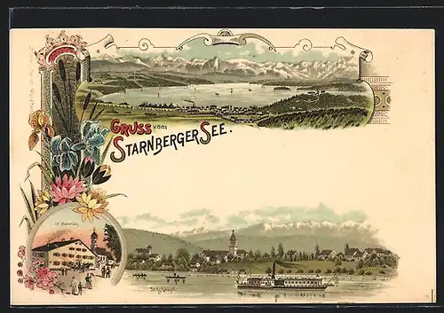 Lithographie Starnberg, Starnberger See, Gasthaus St. Heinrich, Panorama