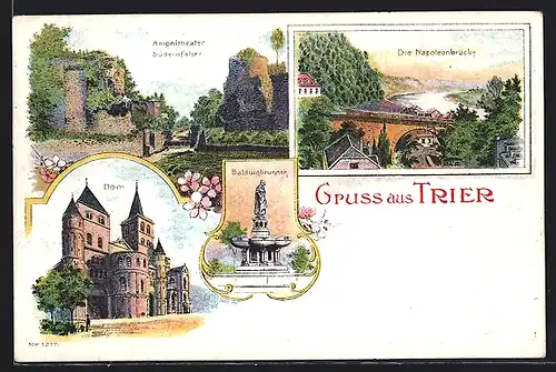 Lithographie Trier, Amphitheater, Dom, Balduinbrunnen, Napoleonbrücke