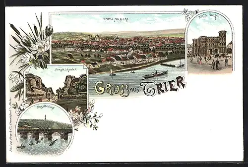 Lithographie Trier, Totalansicht, Porta Nigra, Amphitheater, Moselbrücke