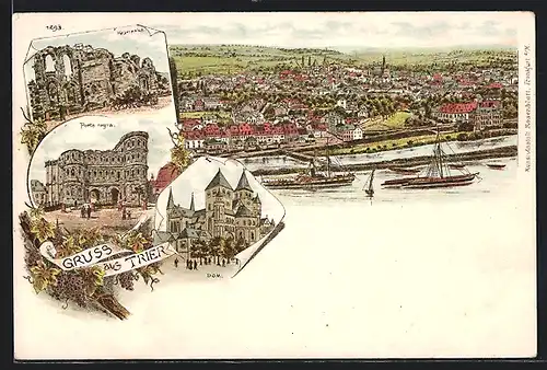 Lithographie Trier, Dom, Porta Nigra, Panorama der Stadt