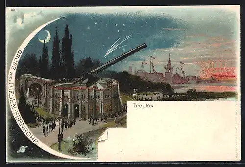 Lithographie Berlin-Treptow, Riesenfernrohr auf dem Planetarium