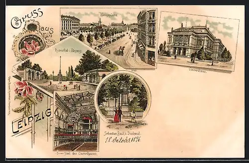 Lithographie Leipzig, Concerthaus, Rosenthal-Eingang, Königsplatz