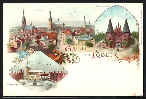 Lithographie Lübeck, Teilansicht aus der Vogelschau, Wappen, Marktplatz im Winter, Holstenthor