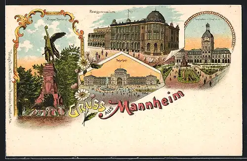 Lithographie Mannheim, Kriegerdenkmal, Realgymnasium, Bahnhof und Paradeplatz