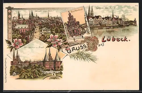 Lithographie Lübeck, Schifferhaus, Hafen a. d. Trave, Holstenthor, Ortsansicht vom Dom aus