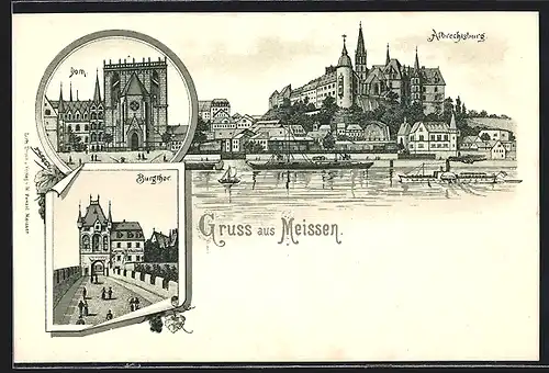 Lithographie Meissen, Dom, Albrechtsburg, Burgthor