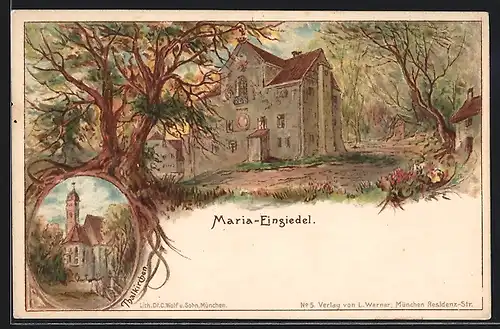 Lithographie Maria Einsiedel, Thalkirche, Gebäude im Wald