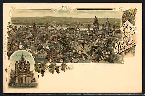 Lithographie Mainz, Westliche Choransicht des Doms, Totalansicht aus der Vogelschau